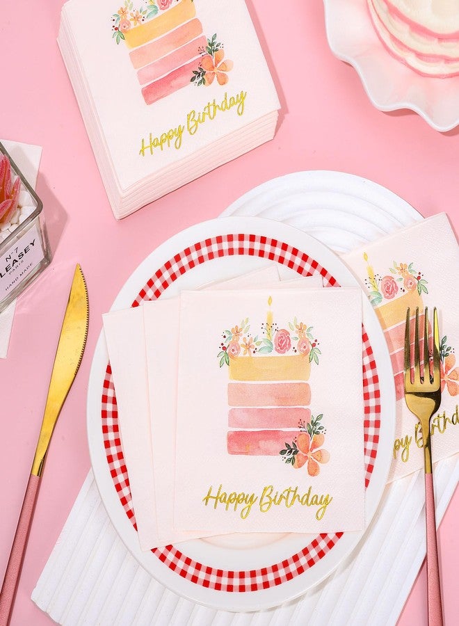 JarThenaAMCS 100Pcs Happy Birthday Cocktail Napkins Floral Birthday Cake Disposable Paper Napkins Light Pink Beverage Napkins for Women Birthday Party Supplies - Image 3